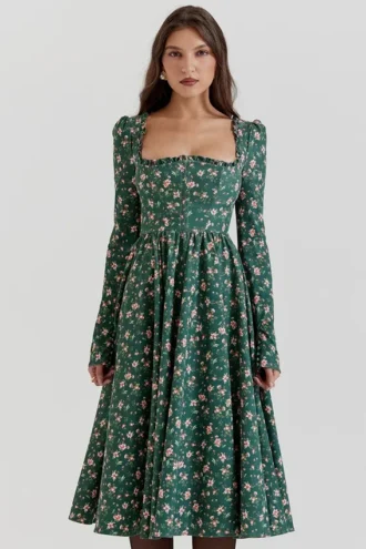 Delia Midi-Kleid mit grünem Blumenmuster