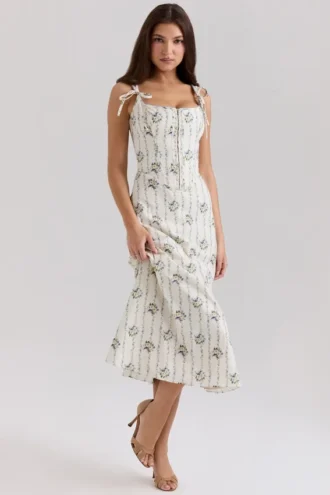 Dionne Cremefarbenes Midi-Kleid aus Stretch-Baumwolle mit Gänseblümchen-Print