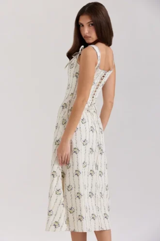 Dionne Cremefarbenes Midi-Kleid aus Stretch-Baumwolle mit Gänseblümchen-Print