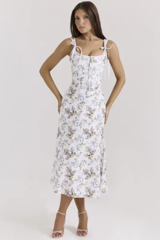 Dionne Off-White-Midi-Kleid aus Baumwolle mit Blumenprint
