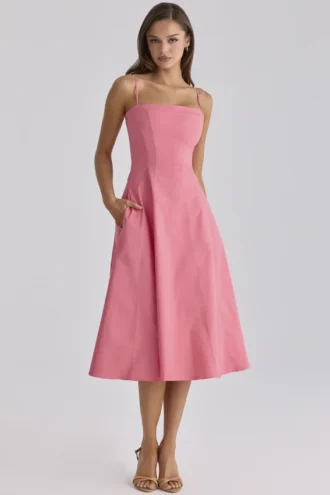 Dolly Raspberry Baumwoll-Midi-Sommerkleid mit ausgestelltem Rock