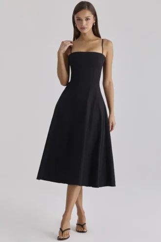 Dolly – Schwarzes, ausgestelltes Midi-Sommerkleid aus Baumwolle