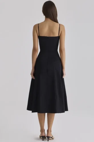 Dolly – Schwarzes, ausgestelltes Midi-Sommerkleid aus Baumwolle