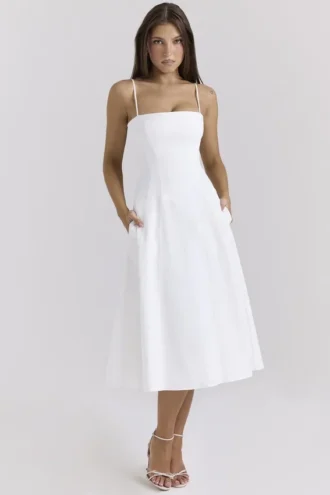 Dolly Weißes A-Linien-Midi-Sommerkleid aus Stretch-Baumwolle