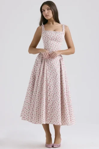 Dorothy – Midi-Sommerkleid aus Baumwolle mit weißem Rosenknospen-Print