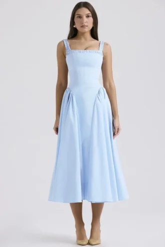Dorothy Midi-Sommerkleid aus italienischer azurblauer Baumwolle