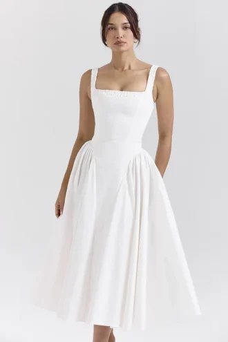 Dorothy – Weißes Midi-Sommerkleid aus Baumwolle