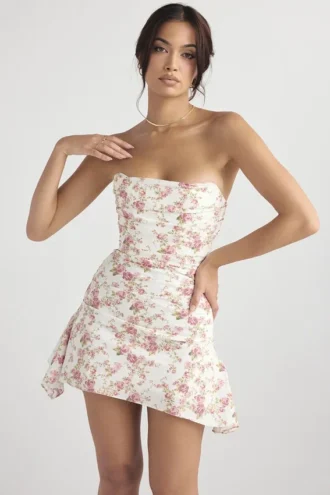 Drapiertes Korsetts-Kleid mit Jasmine-Rose-Print