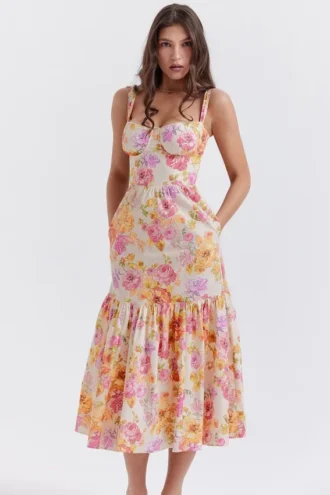 Elia Elfenbeinfarbenes Midi-Sommerkleid mit Blumenmuster