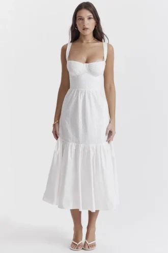 Elia Weißes Midi-Sommerkleid mit Broderie Anglaise