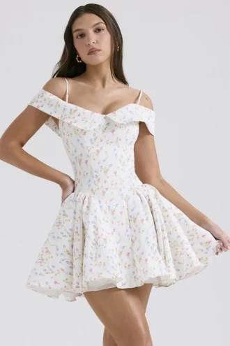 Elida Weißes Korsetts-Mini-Kleid mit Blumenprint
