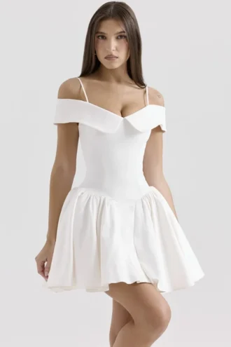 Elida Weißes Twill-Minikleid mit schulterfreiem Ausschnitt