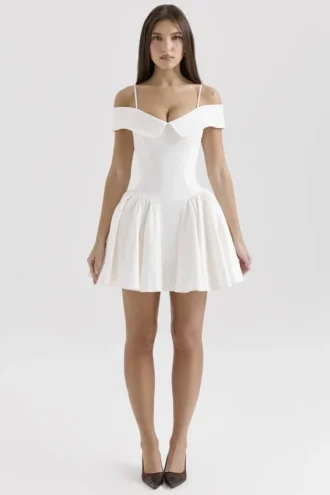Elida Weißes Twill-Minikleid mit schulterfreiem Ausschnitt