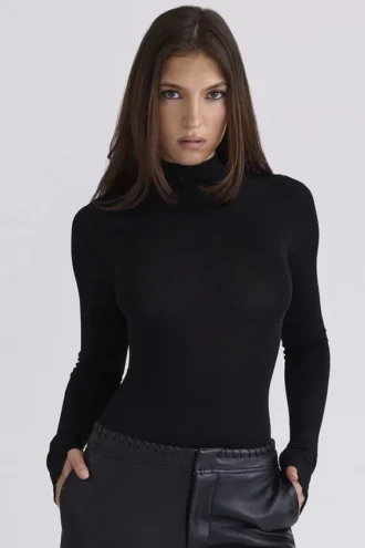 Eliena Schwarzer Bodys mit hohem Kragen und langen Ärmeln