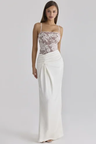 Eliette – Weißes Maxikleid aus verzierter Spitze und Satin