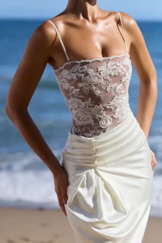 Eliette – Weißes Maxikleid aus verzierter Spitze und Satin
