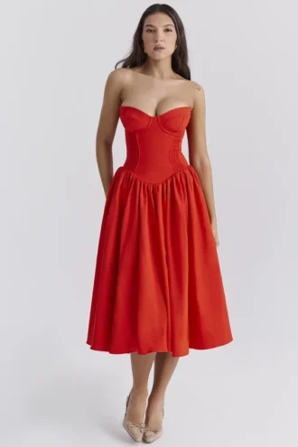 Elizabeth Italian Tomato – trägerloses Midi-Sommerkleid