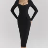 Ella – Langärmliges Midi-Kleid aus schwarzem Stretch-Crêpe Ella – Langärmliges Midi-Kleid aus schwarzem Stretch-Crêpe