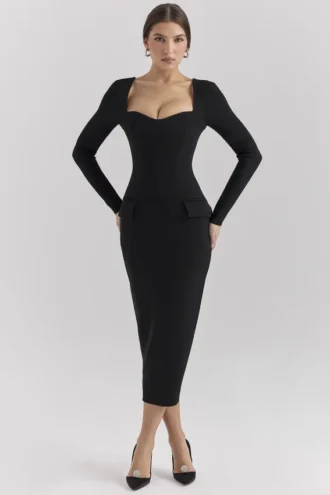 Ella – Langärmliges Midi-Kleid aus schwarzem Stretch-Crêpe