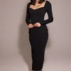 Ella – Langärmliges Midi-Kleid aus schwarzem Stretch-Crêpe Ella – Langärmliges Midi-Kleid aus schwarzem Stretch-Crêpe