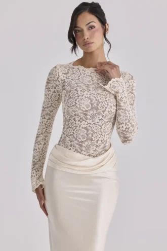 Ellie Vintage Elfenbein-Spitzen-Bodys mit langen Ärmeln