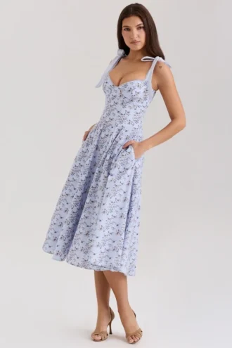 Emely – Midi-Sommerkleid aus Stretch-Baumwolle mit blauem Blumenprint