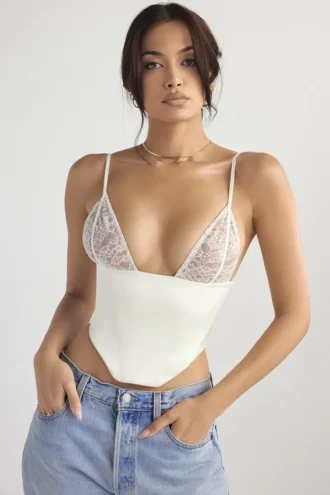 Emilee – Korsett aus elfenbeinfarbenem Satin und Spitze