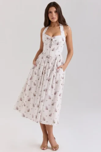 Emilia Cremefarbenes Midi-Kleid aus Stretch-Baumwolle mit Blumenprint und Neckholder-Ausschnitt