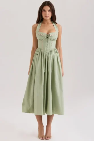 Emilia Sage Midi-Kleid aus Stretch-Baumwolle mit Neckholder-Ausschnitt
