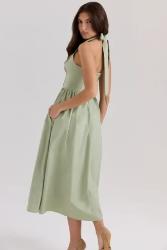 Emilia Sage Midi-Kleid aus Stretch-Baumwolle mit Neckholder-Ausschnitt