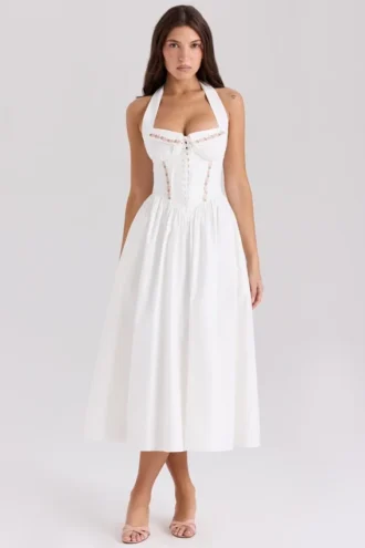 Emilia – Weißes Midi-Kleid aus Baumwolle mit Neckholder