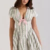 Emiliana Mini-Kleid aus Stretch-Baumwolle mit grünem Streifen-Blumenmuster Emiliana Mini-Kleid aus Stretch-Baumwolle mit grünem Streifen-Blumenmuster
