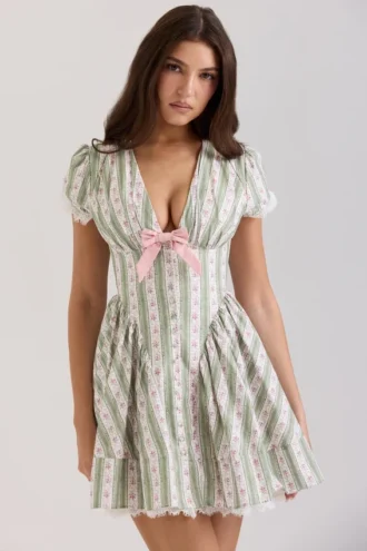 Emiliana Mini-Kleid aus Stretch-Baumwolle mit grünem Streifen-Blumenmuster