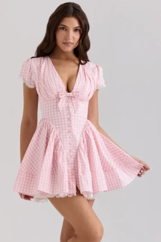 Emiliana Rosa Mini-Kleid aus Baumwolle mit Vichy-Karomuster