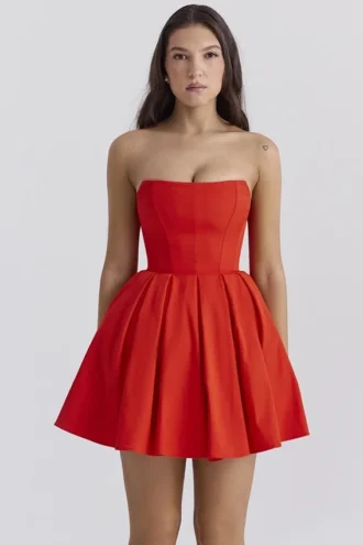 Emmanuela Italian Tomato trägerloses Plissee-Minikleid