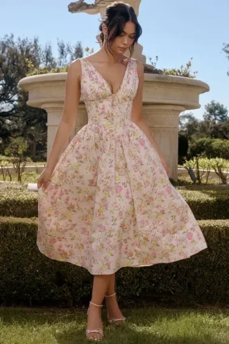 Emmelina Rosa Korsett-Sommerkleid aus Baumwolle mit Wiesenprint