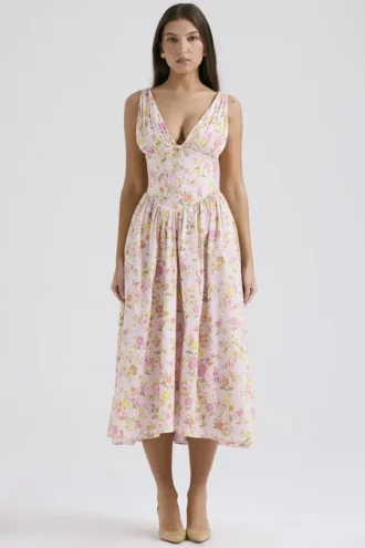 Emmelina Rosa Korsett-Sommerkleid aus Baumwolle mit Wiesenprint