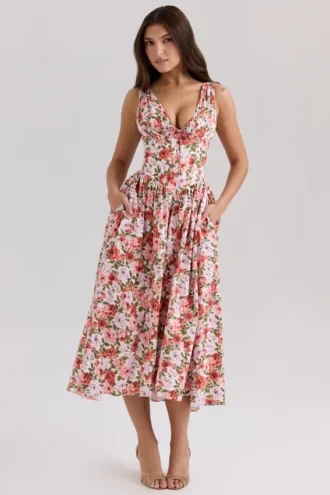 Emmelina Stretch-Baumwoll-Korsett-Sommerkleid mit Blumen- und Rosenprint Emmelina Stretch-Baumwoll-Korsett-Sommerkleid mit Blumen- und Rosenprint
