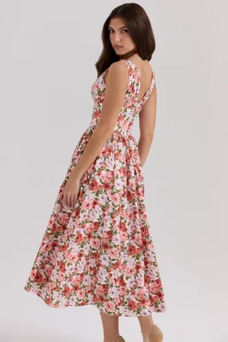 Emmelina Stretch-Baumwoll-Korsett-Sommerkleid mit Blumen- und Rosenprint Emmelina Stretch-Baumwoll-Korsett-Sommerkleid mit Blumen- und Rosenprint