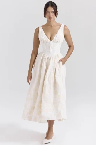 Emmelina Vintage Elfenbeinfarbenes Sommerkleid mit Blumenstickerei