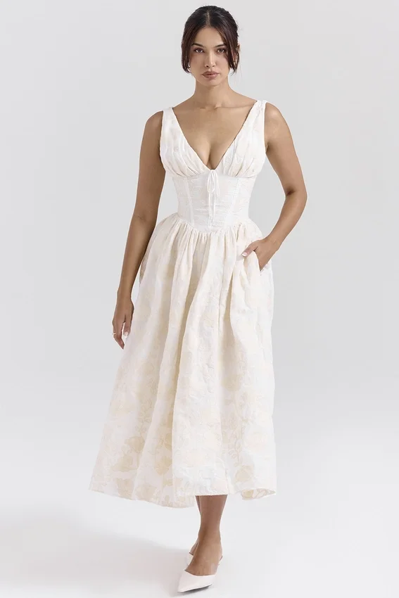 Emmelina Vintage Elfenbeinfarbenes Sommerkleid mit Blumenstickerei Emmelina Vintage Elfenbeinfarbenes Sommerkleid mit Blumenstickerei