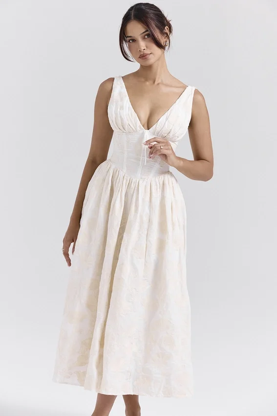 Emmelina Vintage Elfenbeinfarbenes Sommerkleid mit Blumenstickerei Emmelina Vintage Elfenbeinfarbenes Sommerkleid mit Blumenstickerei