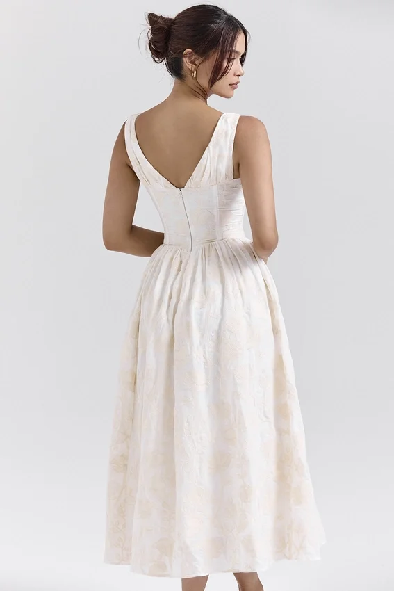 Emmelina Vintage Elfenbeinfarbenes Sommerkleid mit Blumenstickerei Emmelina Vintage Elfenbeinfarbenes Sommerkleid mit Blumenstickerei