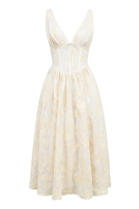 Emmelina Vintage Elfenbeinfarbenes Sommerkleid mit Blumenstickerei Emmelina Vintage Elfenbeinfarbenes Sommerkleid mit Blumenstickerei