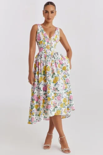 Emmelina Weißes Baumwoll-Korsett-Sommerkleid mit Vintage-Rosenprint