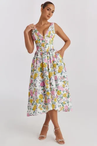 Emmelina Weißes Baumwoll-Korsett-Sommerkleid mit Vintage-Rosenprint