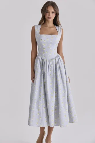 Emmy – Blaues Midi-Sommerkleid aus Baumwolle mit Wildblumenprint