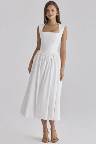 Emmy – Weißes Midi-Sommerkleid aus Baumwolle