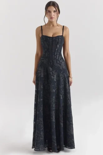 Esme Mitternachtsblaues Lurex-Chiffon-Maxikleid