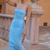Eva Maxikleid in toskanischem Blau mit Blumenstickerei Eva Maxikleid in toskanischem Blau mit Blumenstickerei